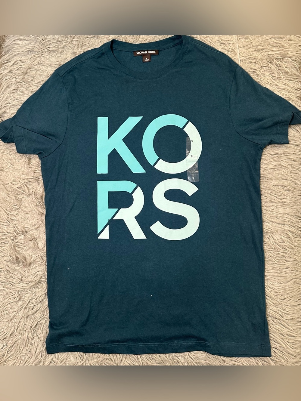 Michael Kors Men’s Dark Teal Short Sleeve Logo Tee with Aqua & Light Teal Print